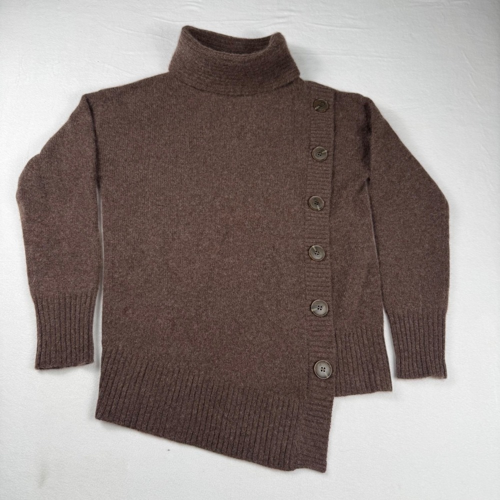 Saks Fifth Avenue Cashmere Sweater S Brown Asymmetric Button Turtleneck